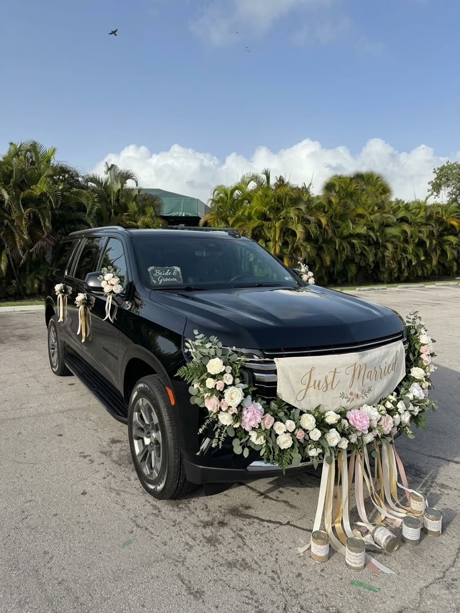Wedding car service in Miami: black Chevrolet Suburban decorated with white flowers and ribbons